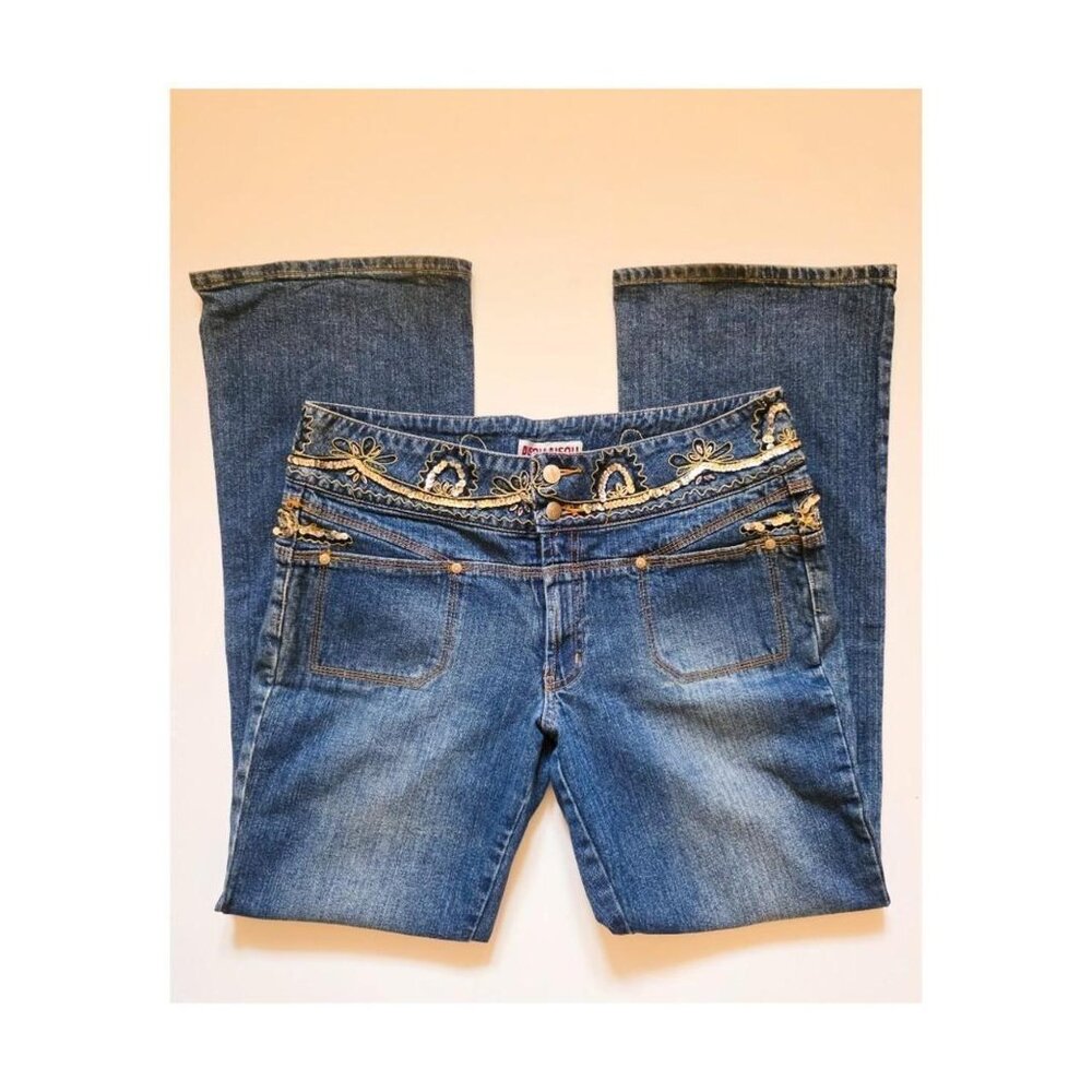 Bisou Bisou embellished low rise flare jeans ✦ Y2K sequin waist